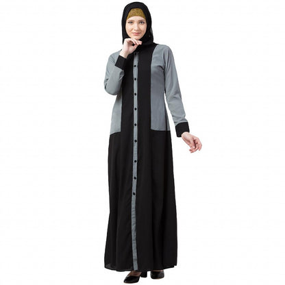 Dual colored front open abaya- Black-Grey