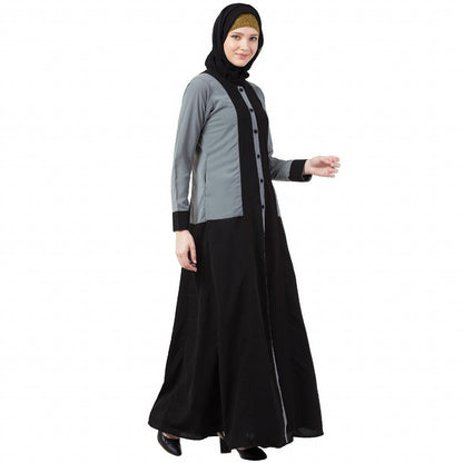 Dual colored front open abaya- Black-Grey