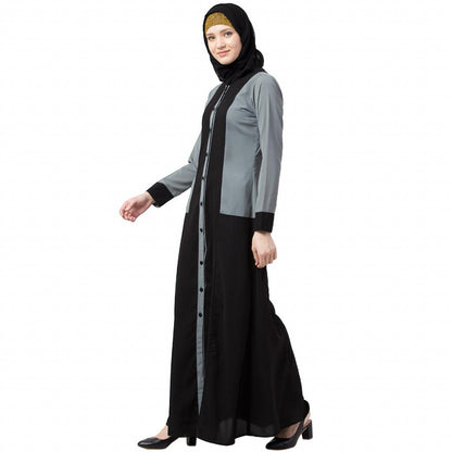 Dual colored front open abaya- Black-Grey
