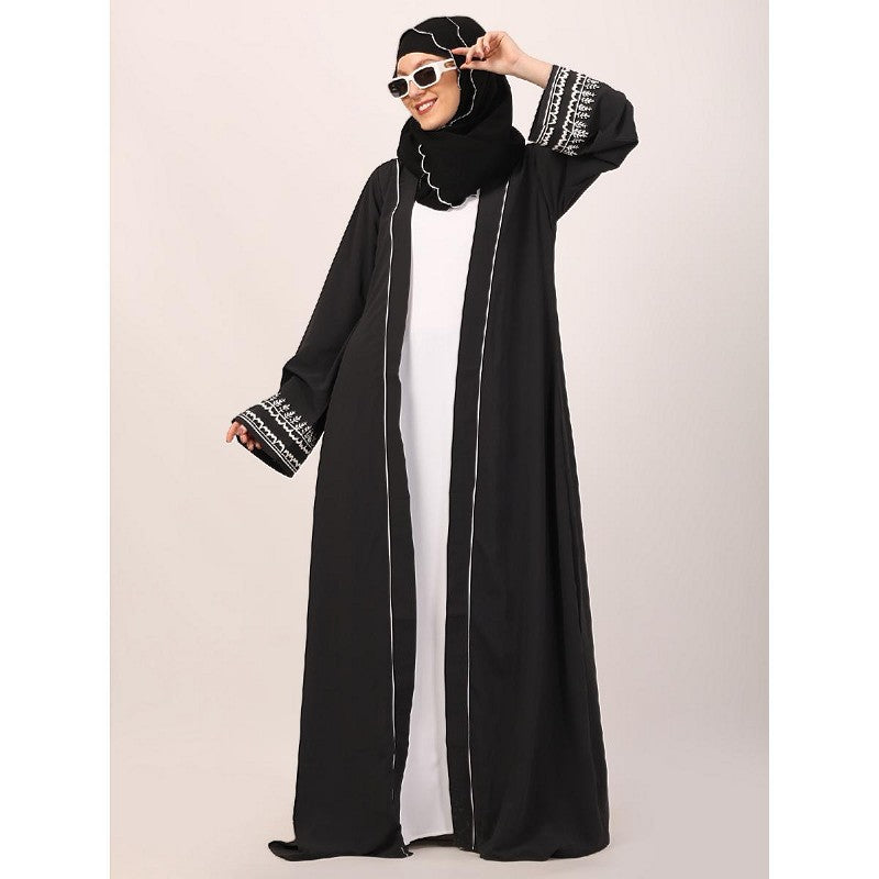 Embroidery Shrug with sleeveless inner abaya-Dark Grey-white