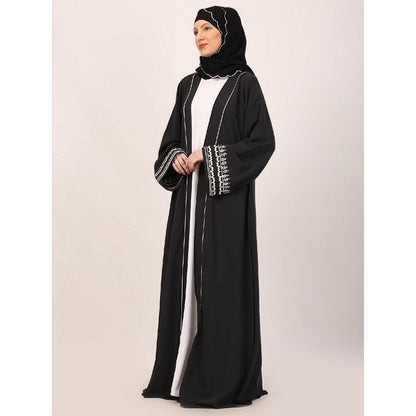 Embroidery Shrug with sleeveless inner abaya-Dark Grey-white