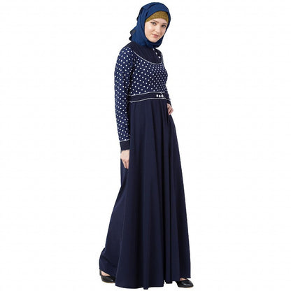 Designer polka dotted Umbrella abaya- Navy Blue