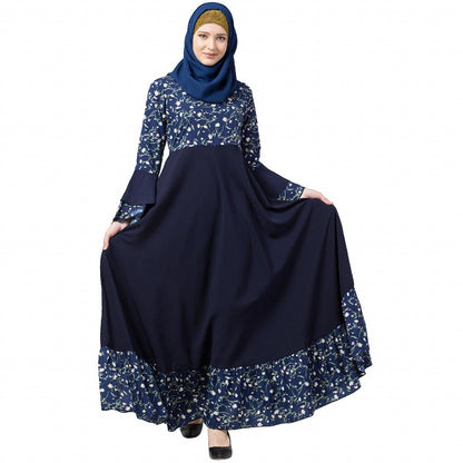 Printed Frilled abaya- Navy Blue