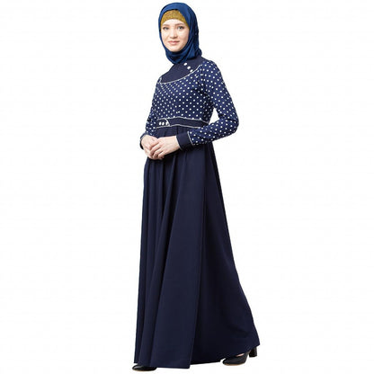 Designer polka dotted Umbrella abaya- Navy Blue