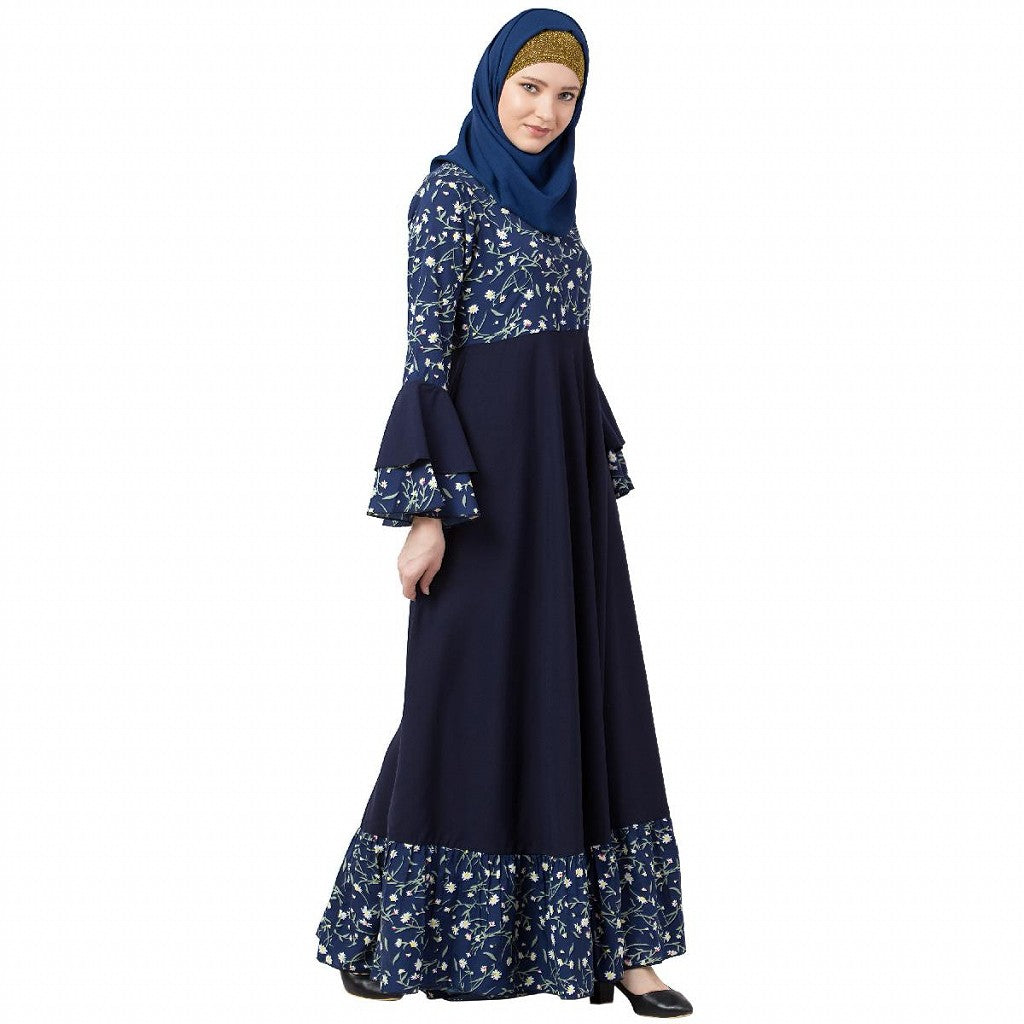Printed Frilled abaya- Navy Blue