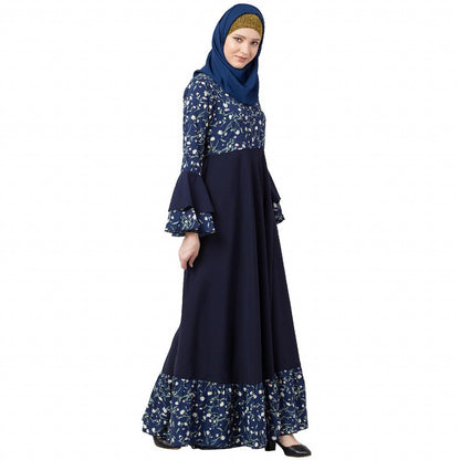 Printed Frilled abaya- Navy Blue