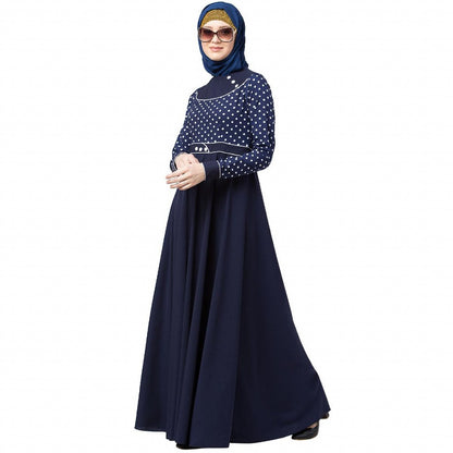 Designer polka dotted Umbrella abaya- Navy Blue