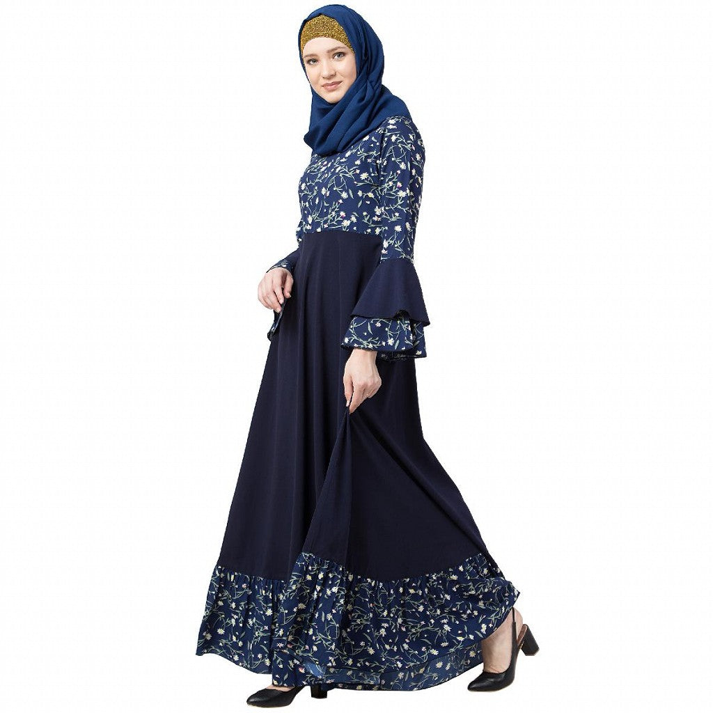 Printed Frilled abaya- Navy Blue