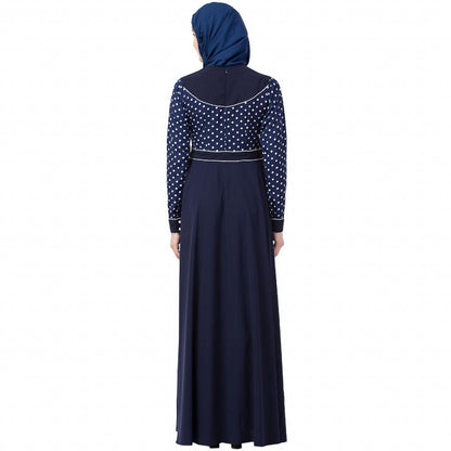 Designer polka dotted Umbrella abaya- Navy Blue