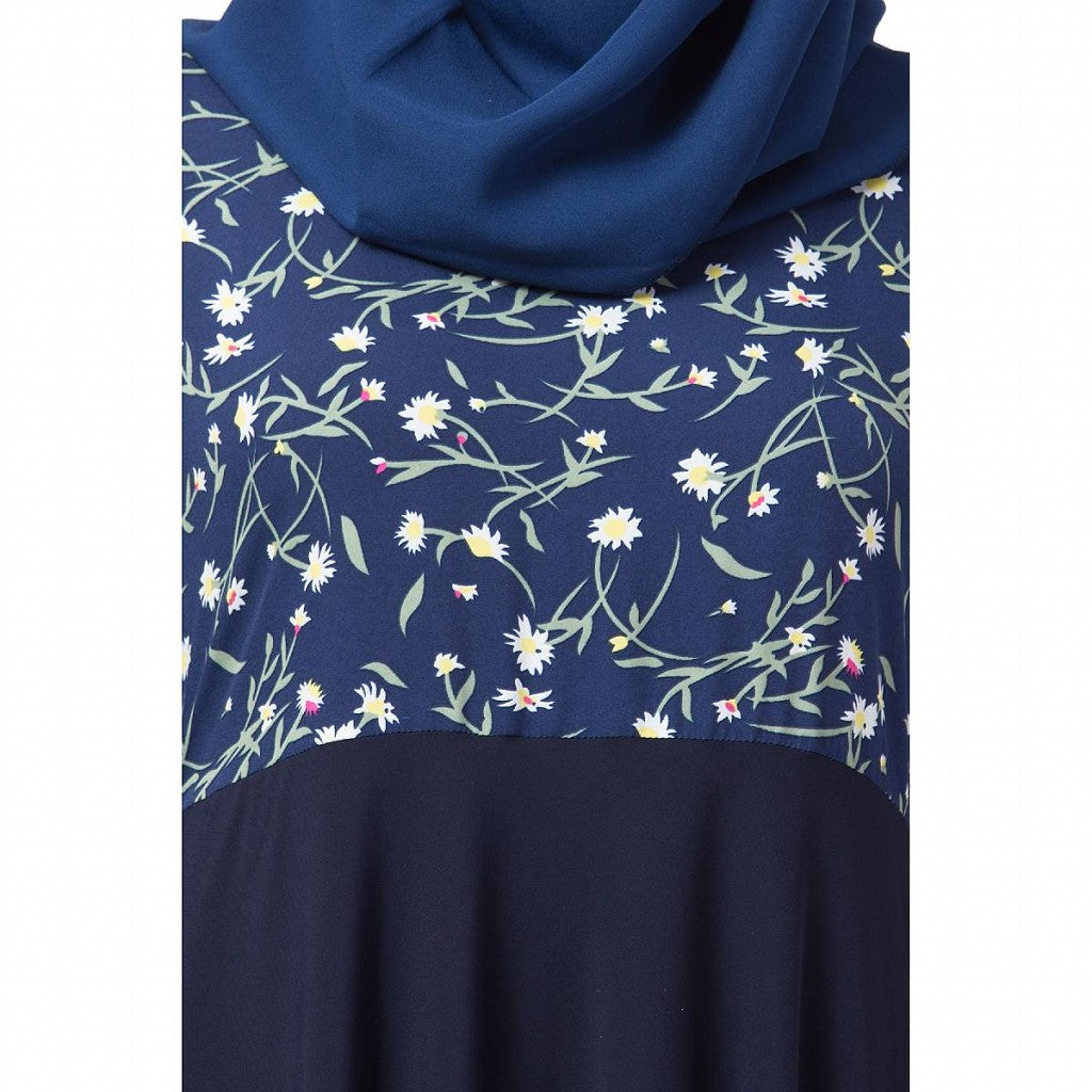 Printed Frilled abaya- Navy Blue