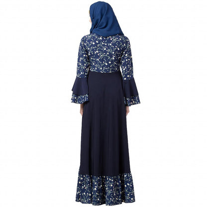 Printed Frilled abaya- Navy Blue