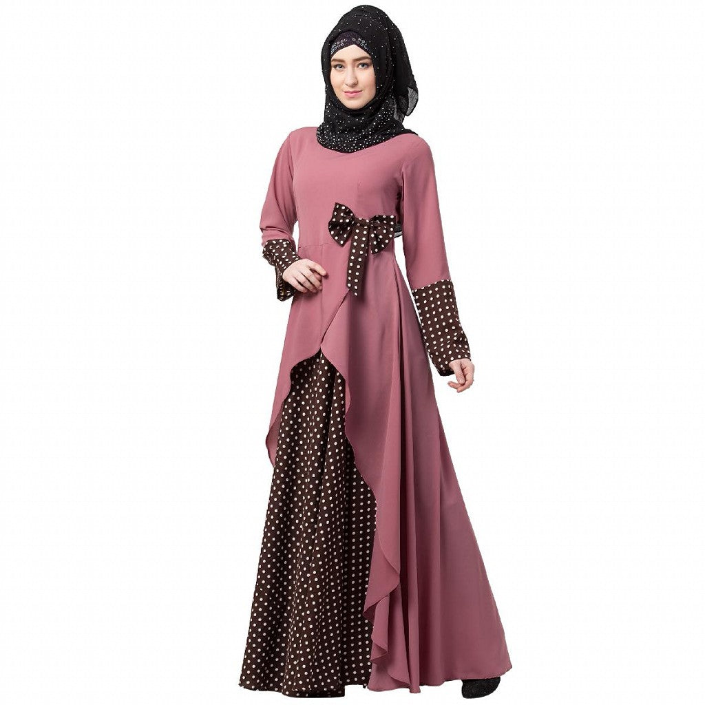 Polka dotted asymmetrical dress abaya- Puce Pink-Wine