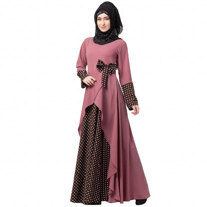 Polka dotted asymmetrical dress abaya- Puce Pink-Wine