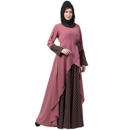 Polka dotted asymmetrical dress abaya- Puce Pink-Wine