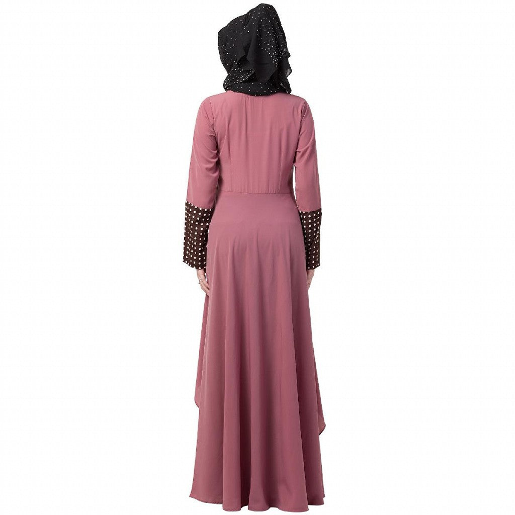 Polka dotted asymmetrical dress abaya- Puce Pink-Wine