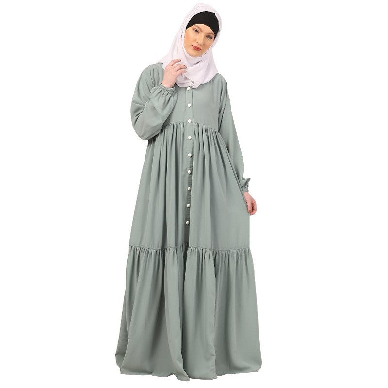 Fashionable Buttons with chest open design abaya-Sky Blue