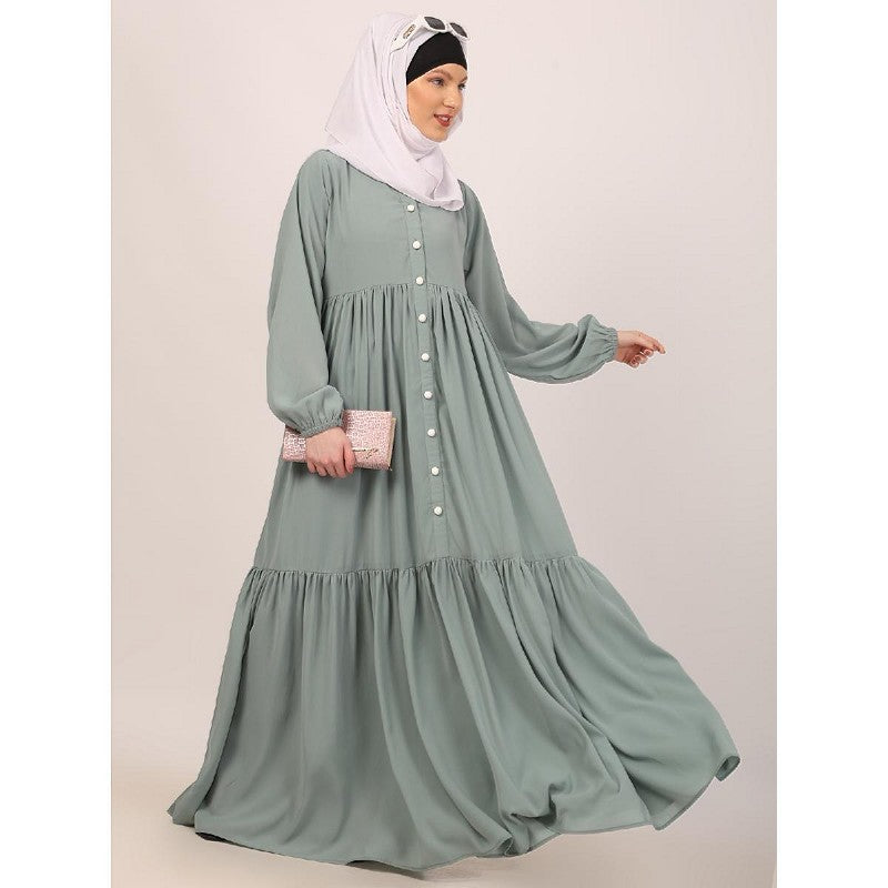 Fashionable Buttons with chest open design abaya-Sky Blue