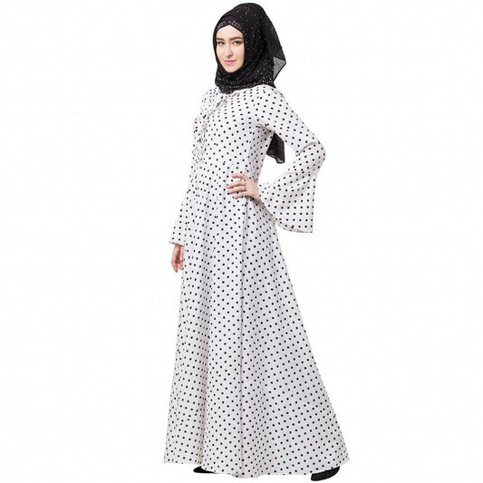 Polka dotted elegant dress abaya- White-Black