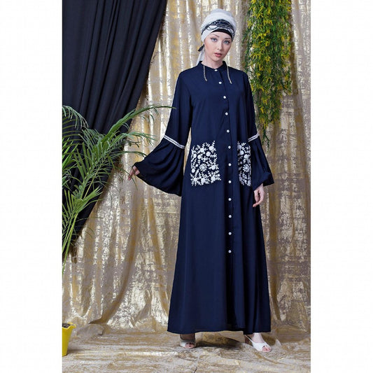 Front open embroidery abaya with Bell sleeves- Navy Blue