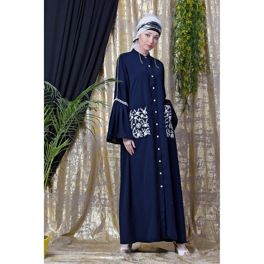Front open embroidery abaya with Bell sleeves- Navy Blue