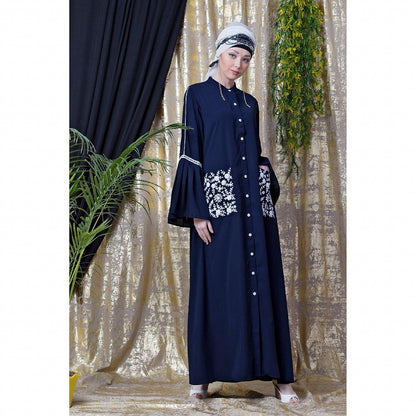 Front open embroidery abaya with Bell sleeves- Navy Blue