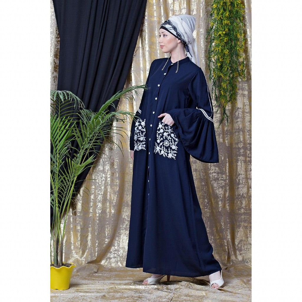 Front open embroidery abaya with Bell sleeves- Navy Blue