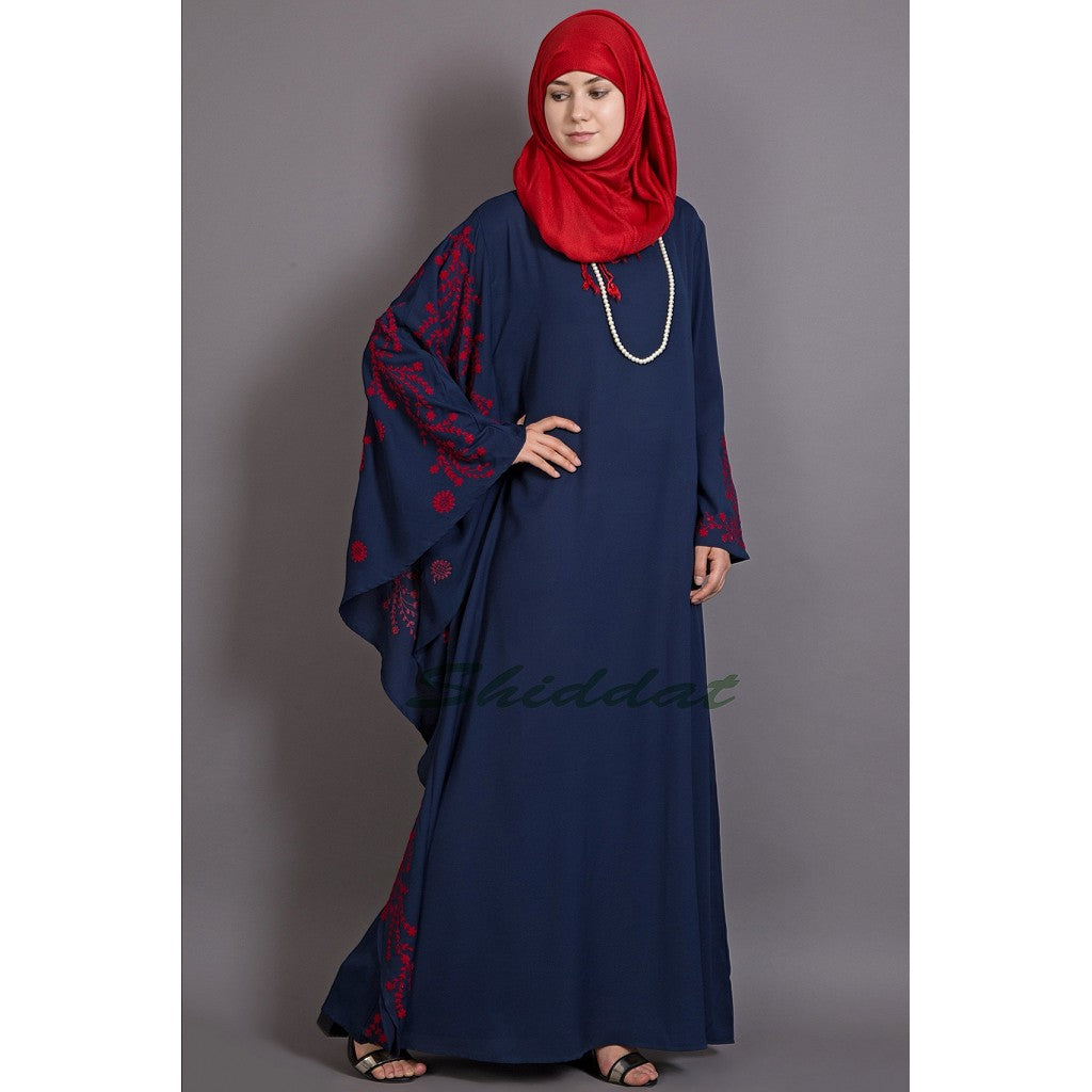 Embroidered abaya with Butterfly sleeves- Blue