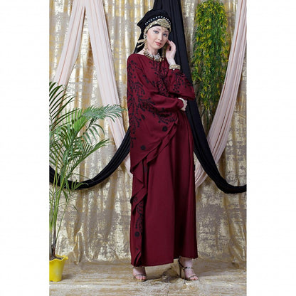 Embroidered abaya with Butterfly sleeves- Maroon