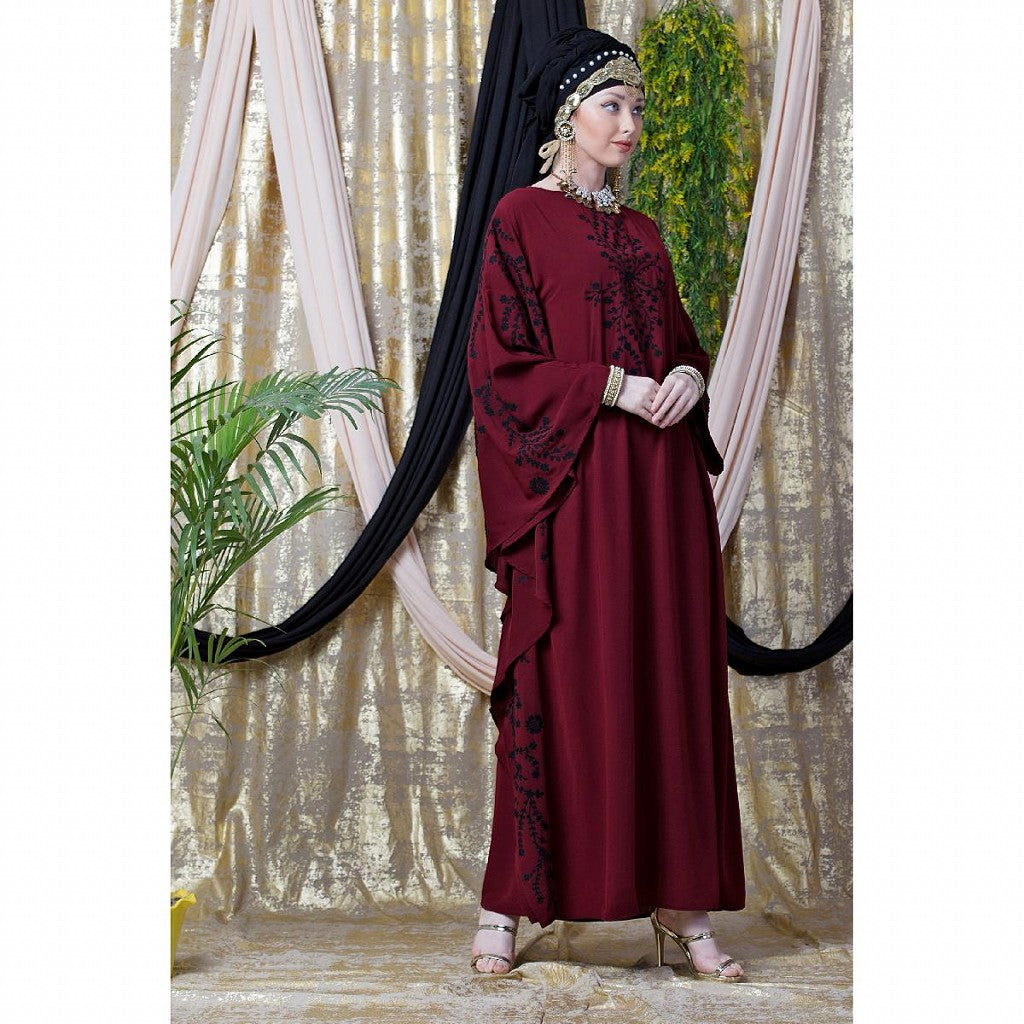 Embroidered abaya with Butterfly sleeves- Maroon