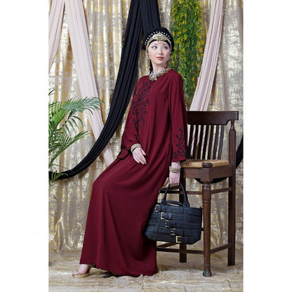 Embroidered abaya with Butterfly sleeves- Maroon