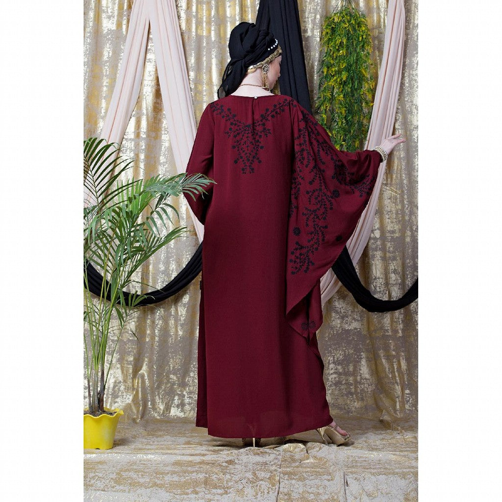 Embroidered abaya with Butterfly sleeves- Maroon