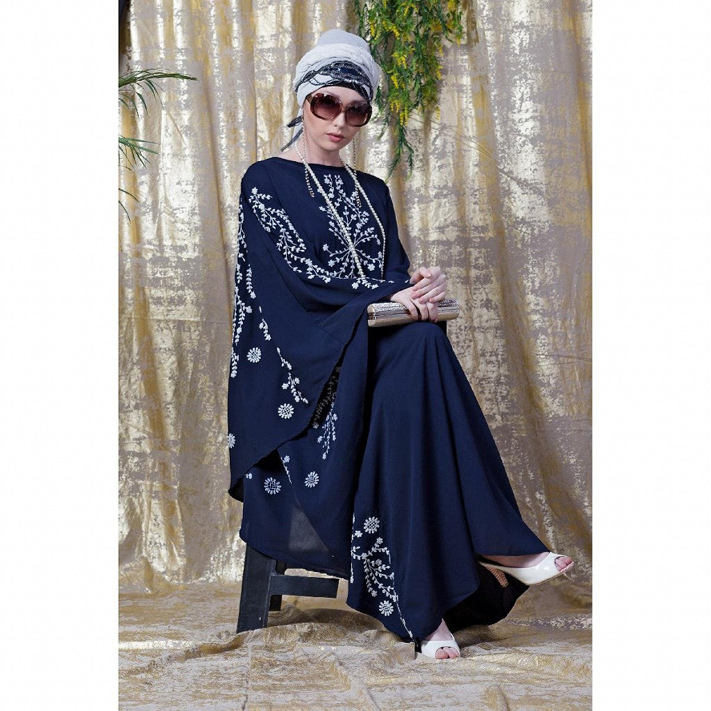 Embroidered abaya with Butterfly sleeves-Navy Blue