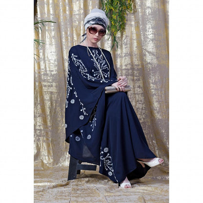 Embroidered abaya with Butterfly sleeves-Navy Blue