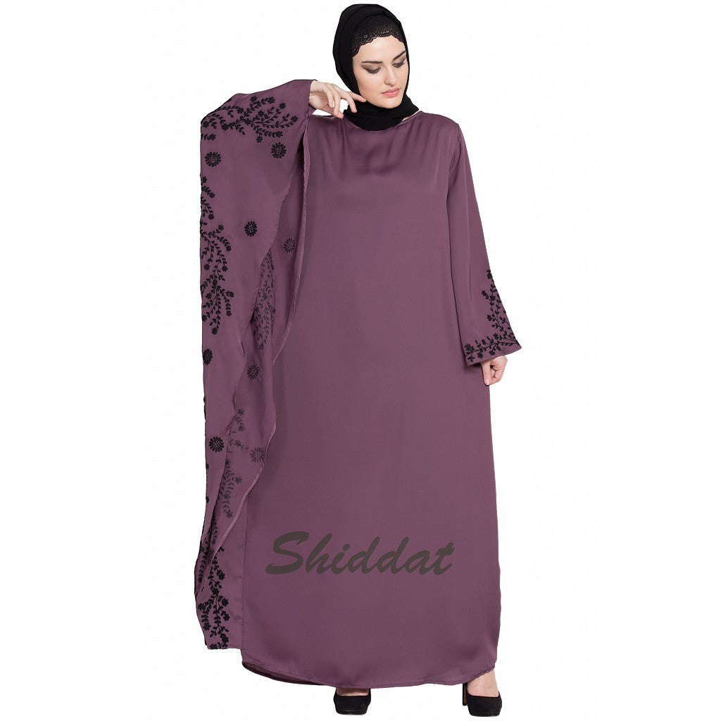 Embroidered abaya with Butterfly sleeves- Plum color