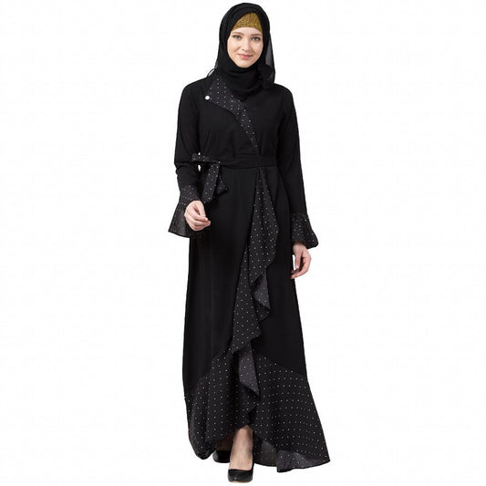 Designer abaya with Polka dotted frills- Black