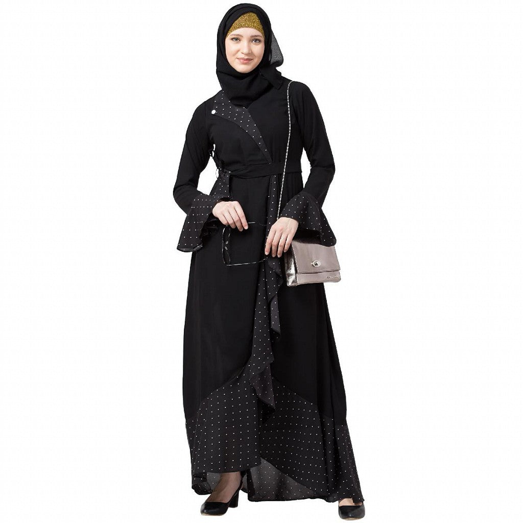 Designer abaya with Polka dotted frills- Black