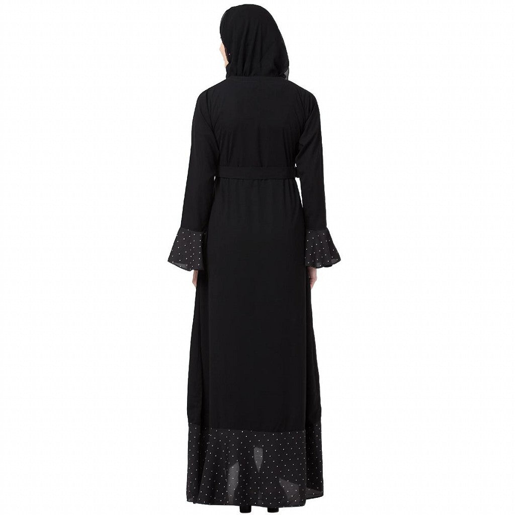 Designer abaya with Polka dotted frills- Black