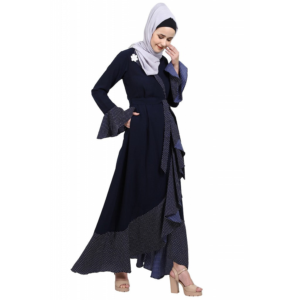 Designer abaya with Polka dotted frills- Navy Blue