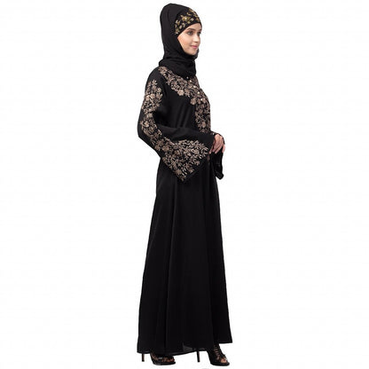 A-line party wear abaya with Resham embroidery work- Black