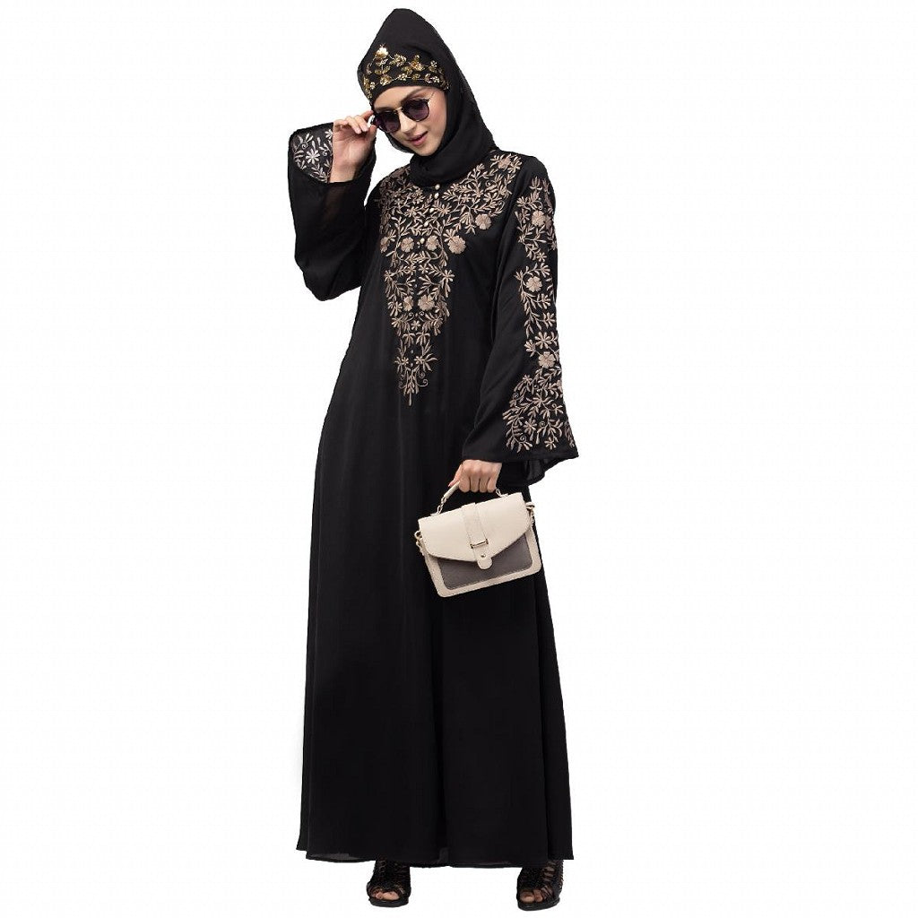 A-line party wear abaya with Resham embroidery work- Black