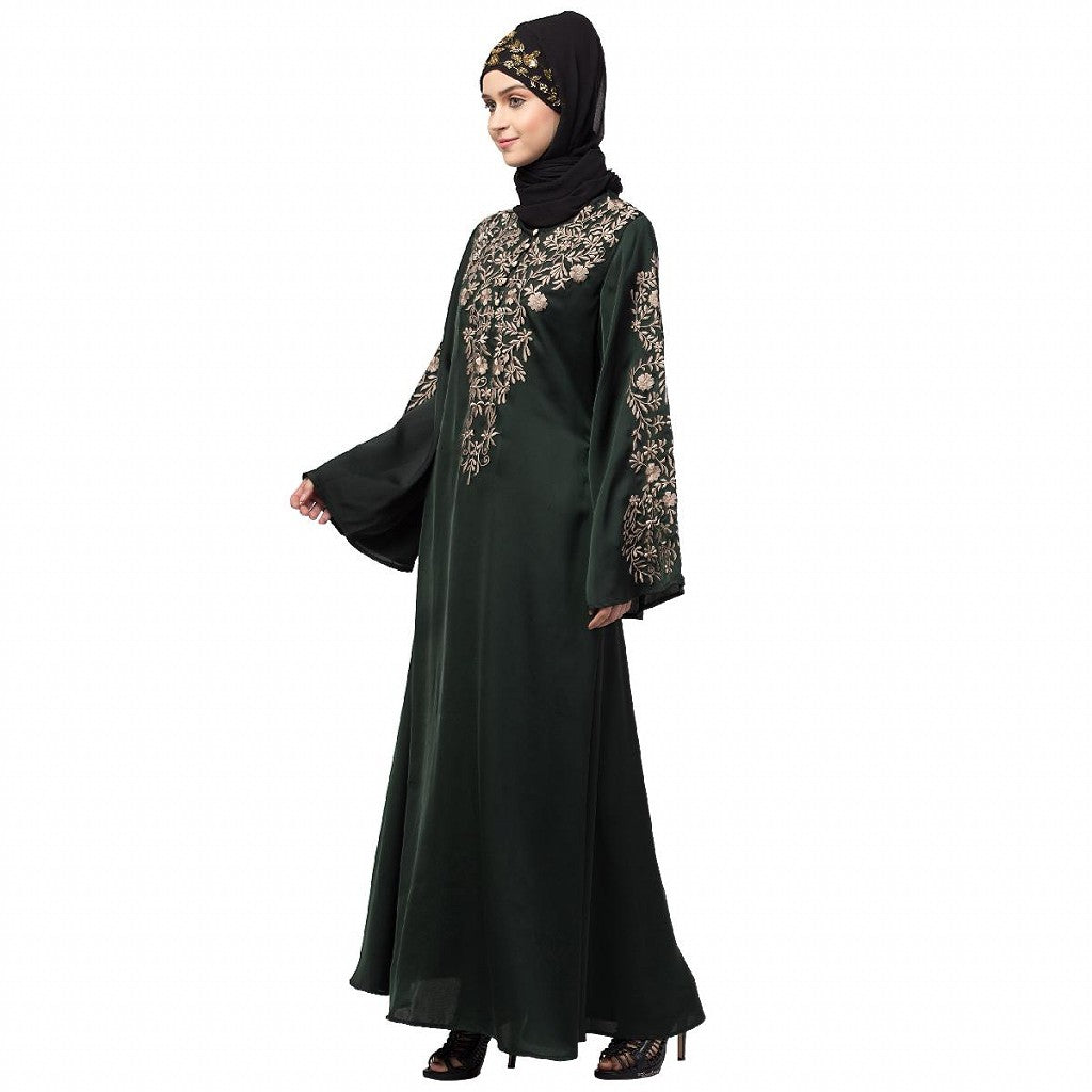 A-line party wear abaya with Resham embroidery work- Green