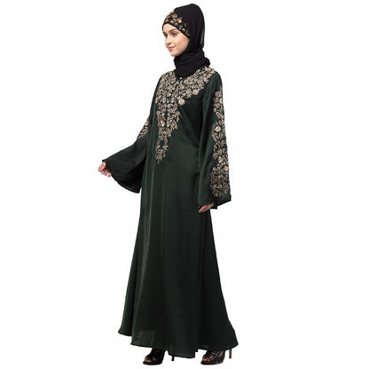 A-line party wear abaya with Resham embroidery work- Green