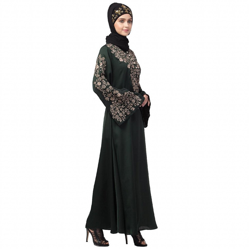 A-line party wear abaya with Resham embroidery work- Green