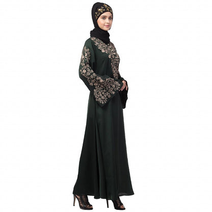 A-line party wear abaya with Resham embroidery work- Green