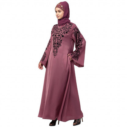 A-line party wear abaya with Resham embroidery work- Mauve Pink