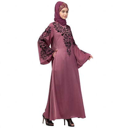 A-line party wear abaya with Resham embroidery work- Mauve Pink
