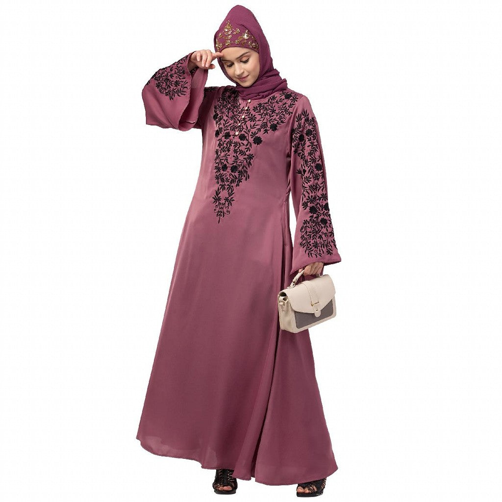 A-line party wear abaya with Resham embroidery work- Mauve Pink