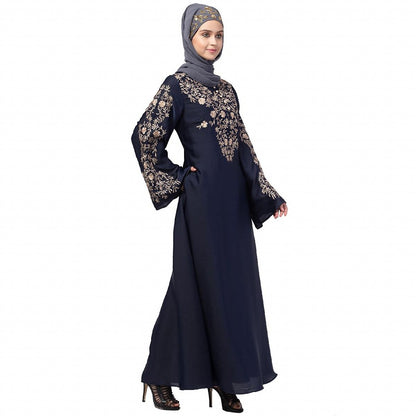 A-line party wear abaya with Resham embroidery work- Navy Blue