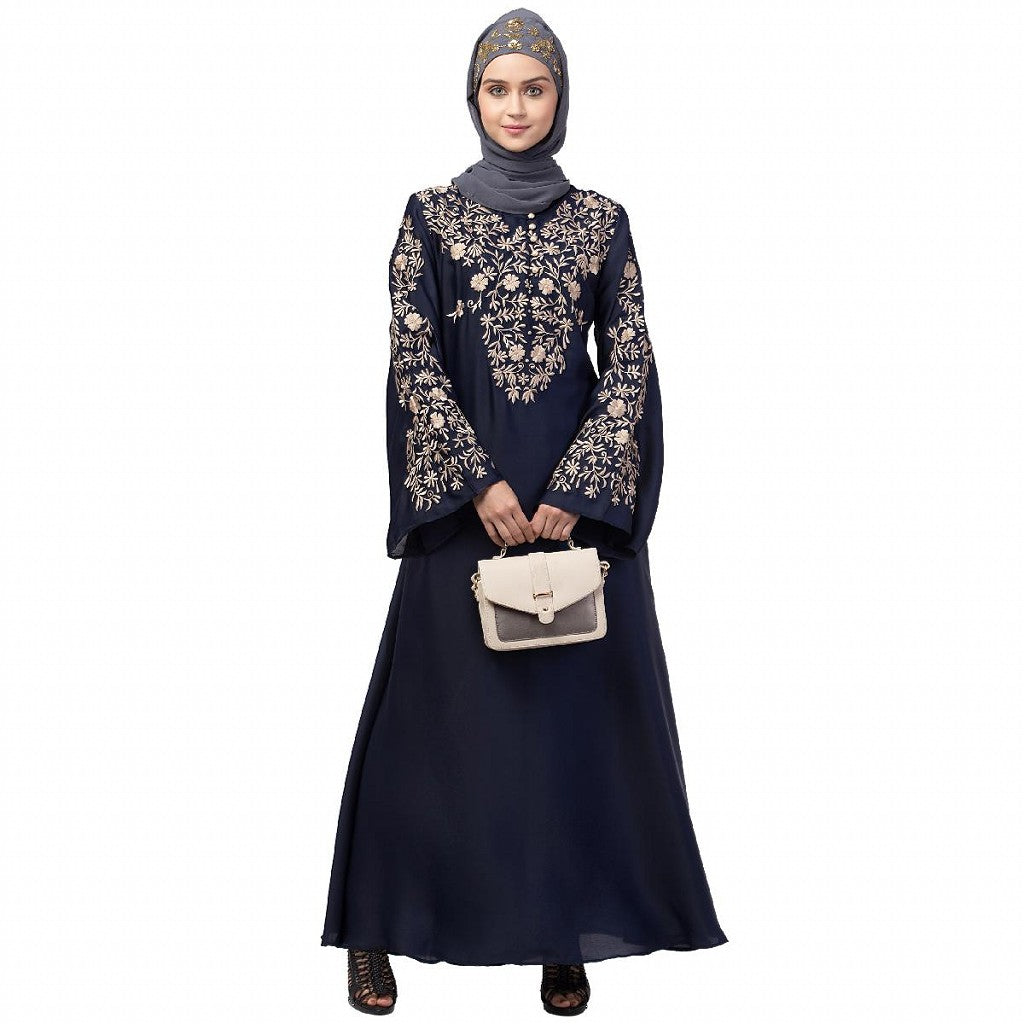 A-line party wear abaya with Resham embroidery work- Navy Blue