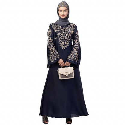 A-line party wear abaya with Resham embroidery work- Navy Blue
